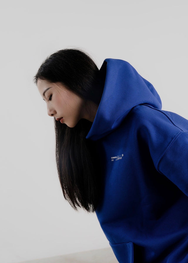 SAPPHIRE BLUE FLEECE HOODIE WITH EMBROIDERY